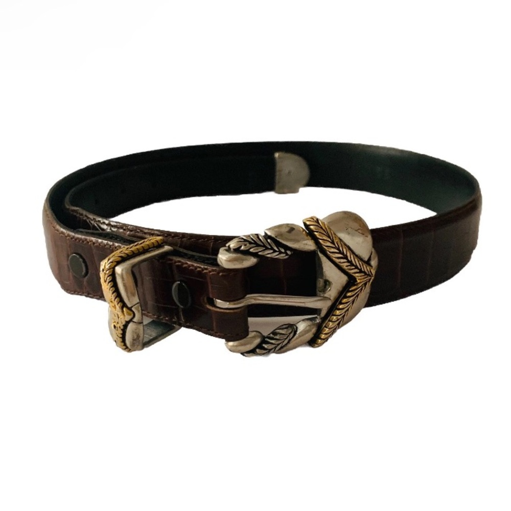 Vicenza Brown Croc Embossed Italian Leather Belt Silver Gold Tone Buckle Size 32